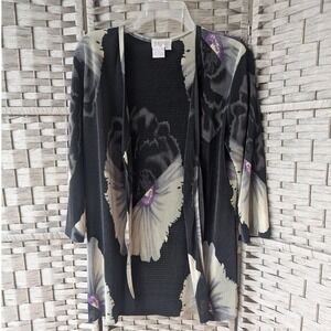 Vtg Tess Cardigan Black Purple Floral Micro Pleated Tie Front Sz L Whimsigoth